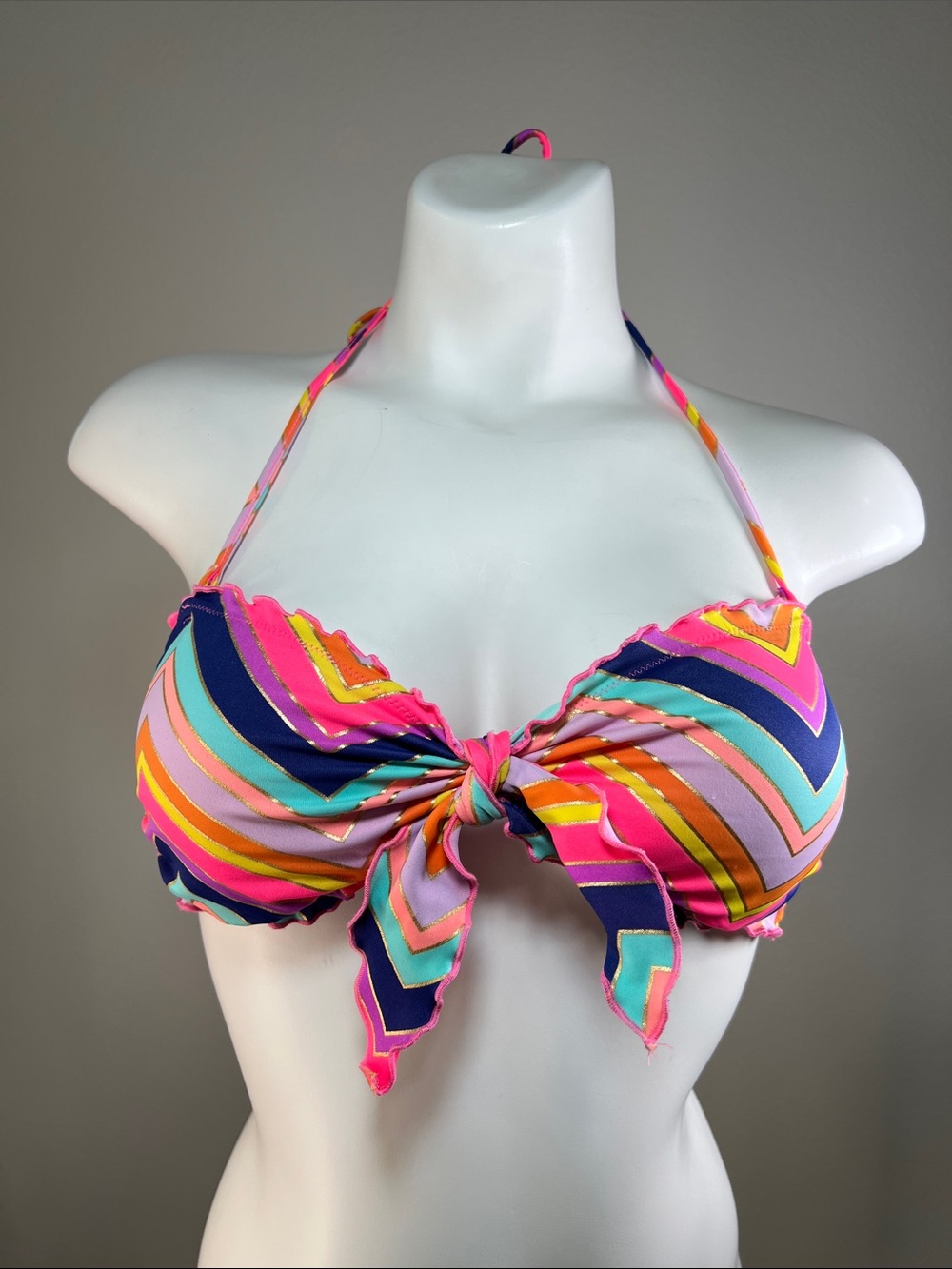 Victoria's Secret Multi-Color Stripe Tie-Front Halter Bandeau Bikini Top MEDIUM